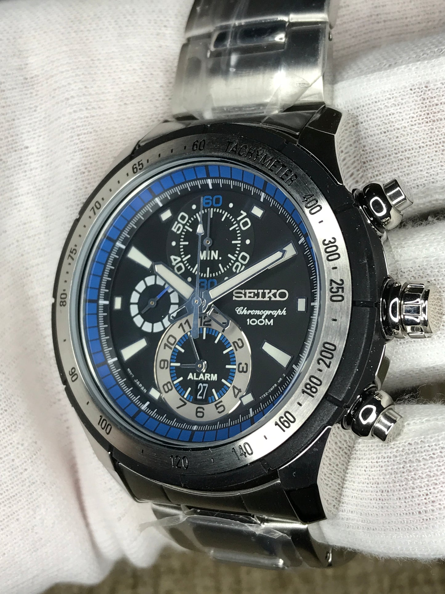 Seiko SNAC85P1 Chronograph Analog Black Dial Silver Band Stainless-Steel Bracelet Stainless-Steel Case Quartz 100 Meter