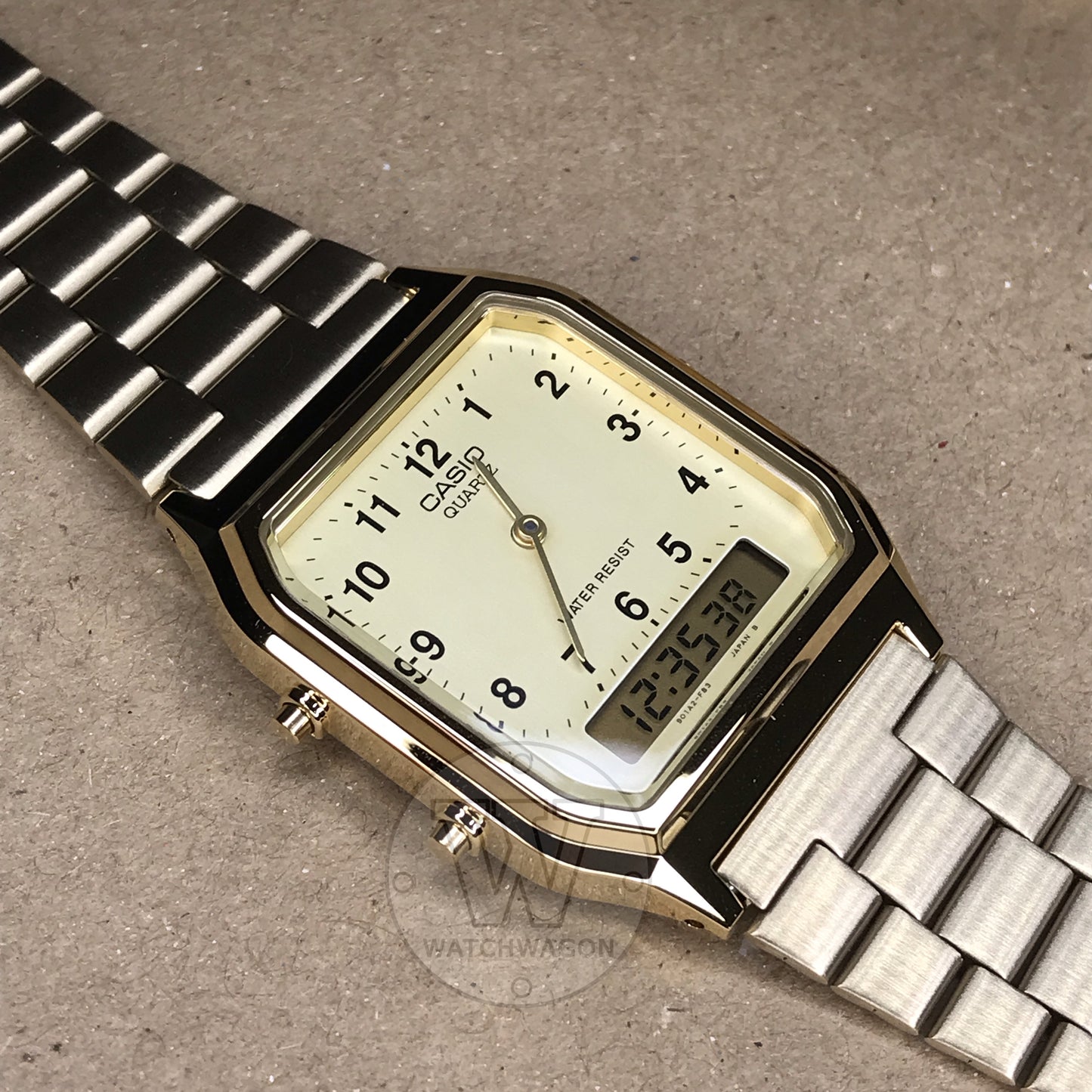 Casio AQ-230GA-9B Vintage Series Standard Analog Digital Gold Stainless Steel Band Watch AQ-230 AQ230 Case Width 29.8mm