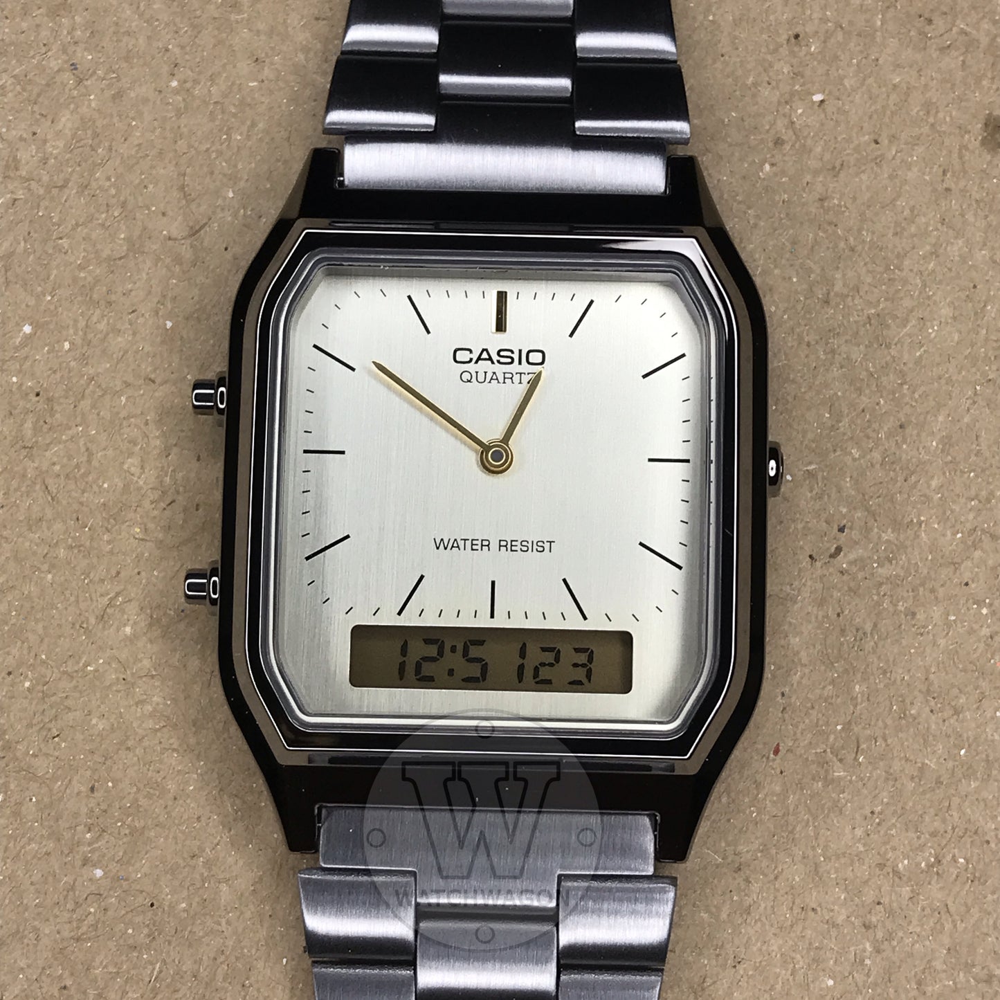 Casio AQ-230GG-9A Faint Gold Dial Gray Ion-Plated Steel Strap Ana-Digi Men Watch AQ230GG-9A AQ-230 Case Width 29.8mm