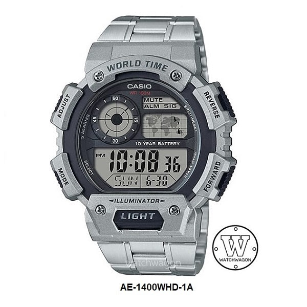 Casio AE-1400WHD-1A Digital Gents Watch Stainless Steel Bracelet 10 Years Battery Life AE-1400WH AE1400
