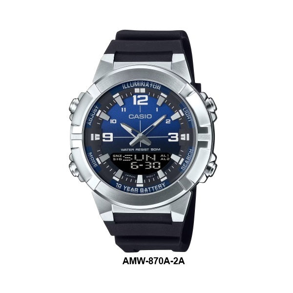 Casio AMW-870A-2A Full-Metal Case and Bezel Blue Dial Analog Digital Watch 10-Years Battery-Life