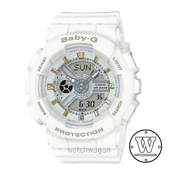 Casio Baby-G BA-110GA-7A1 Analog Digital Ladies Watch White Resin Band Gold Markers BA-110 BA110