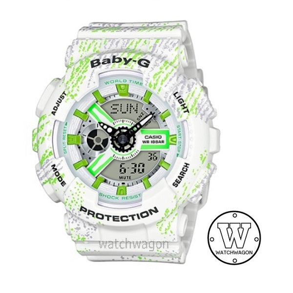 Casio Baby-G BA-110TX-7A White & Green Resin Band Ladies Watch BA-110 BA110