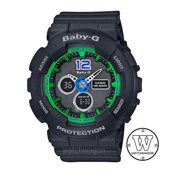 Casio Baby-G BA-120-1B Analog Digital Black and Green Resin Band Ladies Watch ba-120 ba120