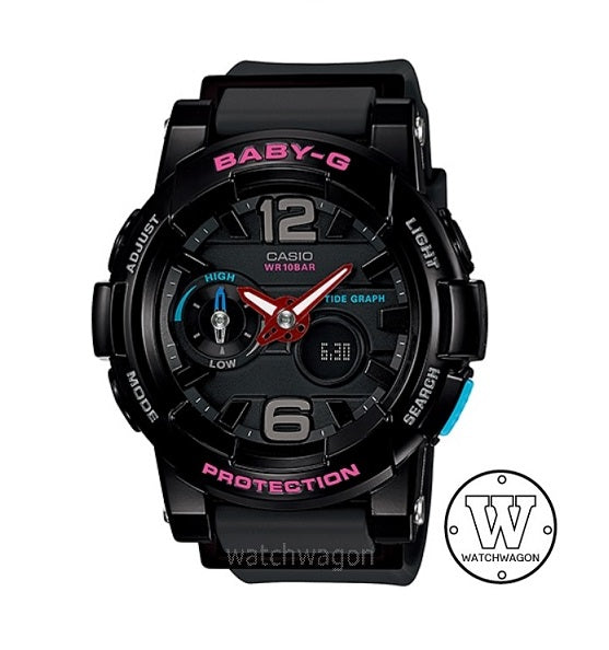 Casio Baby-G BGA-180-1B G-LIDE Black Resin Band Ladies Watch Thermometer Moon Data Tide Graph bga180