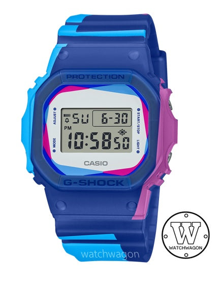 Casio G-Shock DWE-5600PR-2 Limited Edition Over Print Blue & White Interchangeable Band and Bezel Digital Watch dwe5600 d