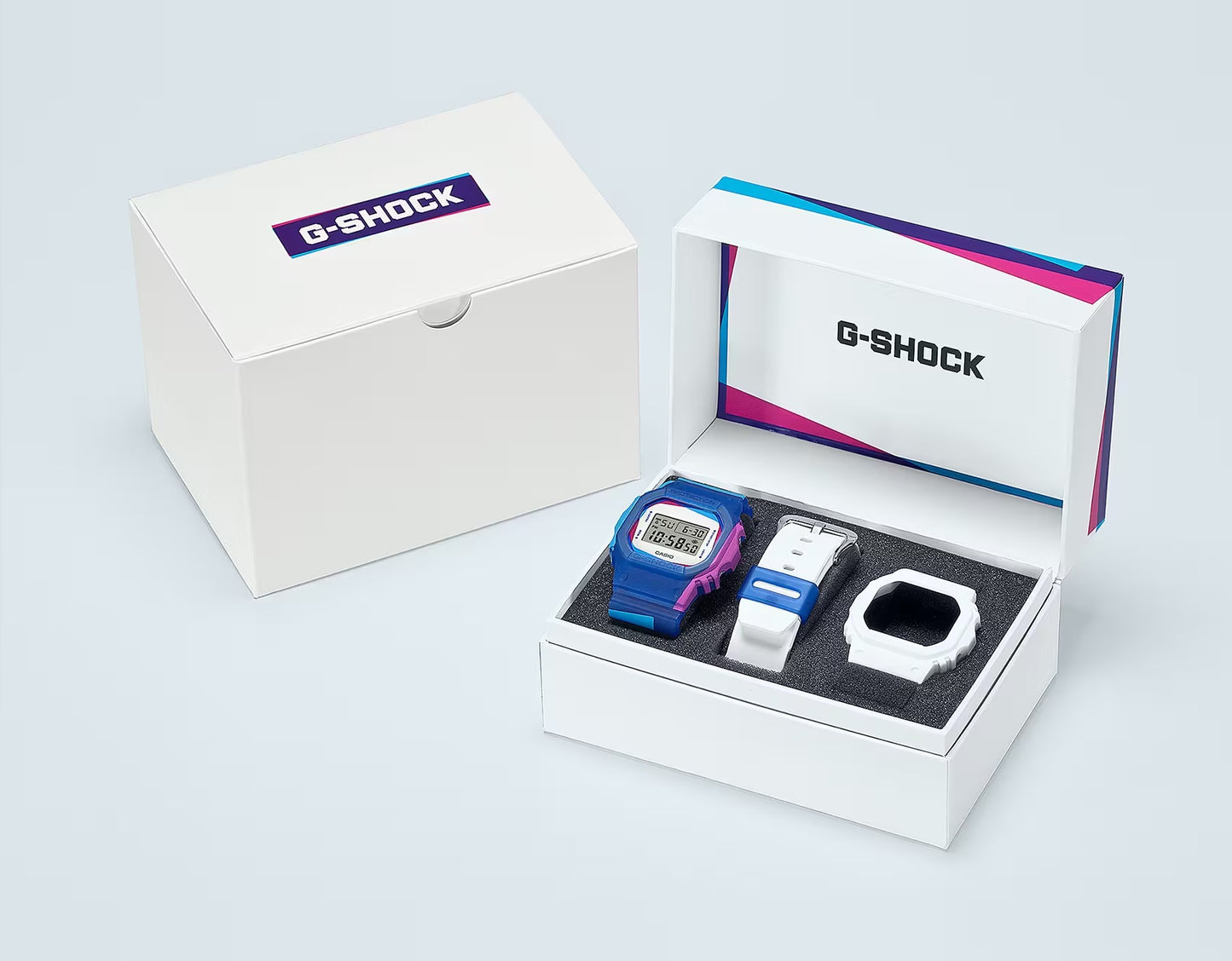 Casio G-Shock DWE-5600PR-2 Limited Edition Over Print Blue & White Interchangeable Band and Bezel Digital Watch dwe5600 d