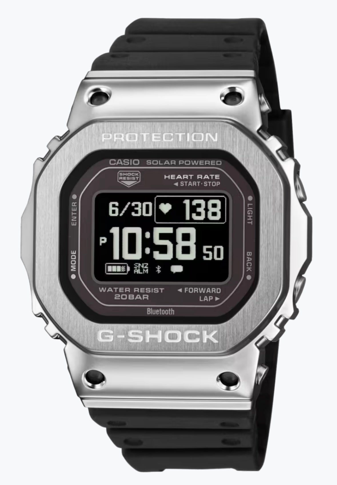 Casio G-Shock GM-H5600-1 Heart Rate Monitor Step Counter Bluetooth Solar Powered Cable Charging Smartphone Connectivity Metal Bezel Resin Band Digital Watch gm-h5600
