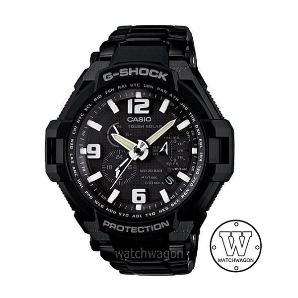 Casio G-Shock G-1400D-1A Tough Solar Gravity Defier Full Black Steel Band World Time G-1400 G1400