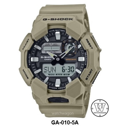 Casio G-Shock GA-010-5A Khaki Brown Resin Band 10-Years Battery Life Analog Digital Gents Sports Watch Large Case