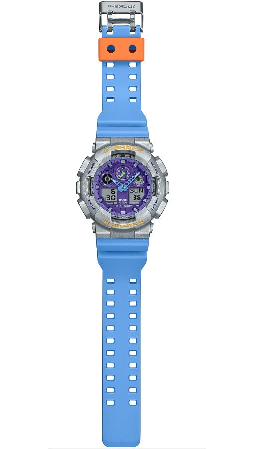 Casio G-Shock GA-100EU-8A2 Blue Resin Band Purple Dial Metallic Silver Coated Resin Bezel Gents Watch