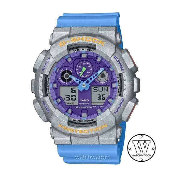 Casio G-Shock GA-100EU-8A2 Blue Resin Band Purple Dial Metallic Silver Coated Resin Bezel Gents Watch