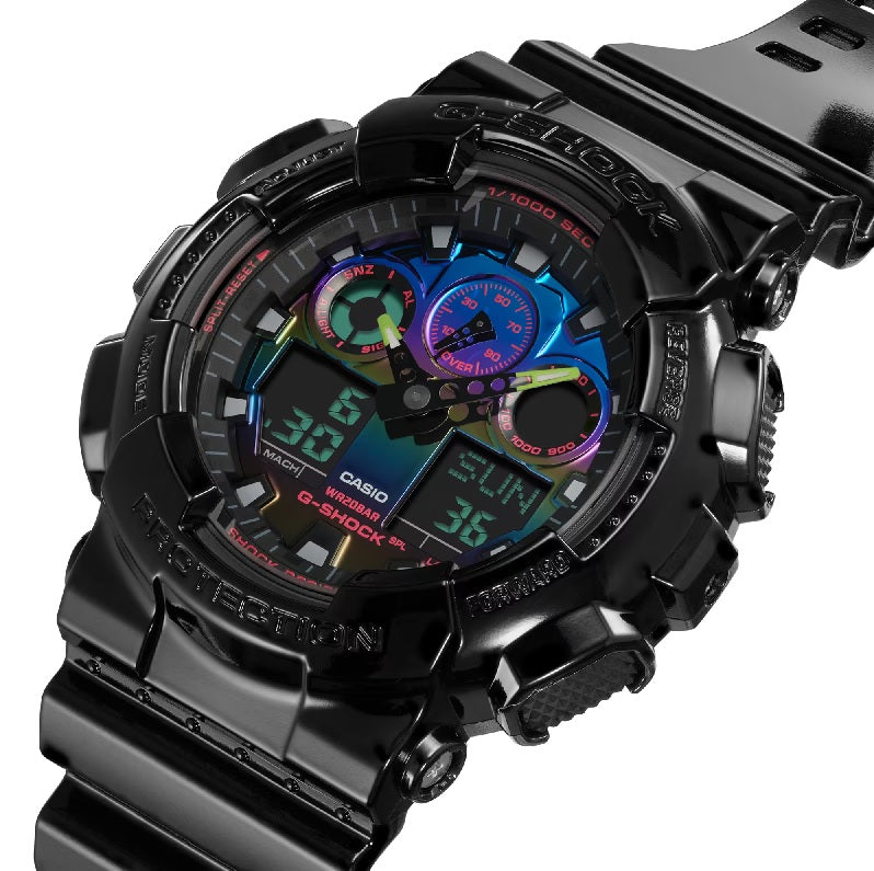 Casio G-Shock GA-100RGB-1A Virtual Rainbow Analog Digital Gents Watch Black Glossy Resin Band ga-100