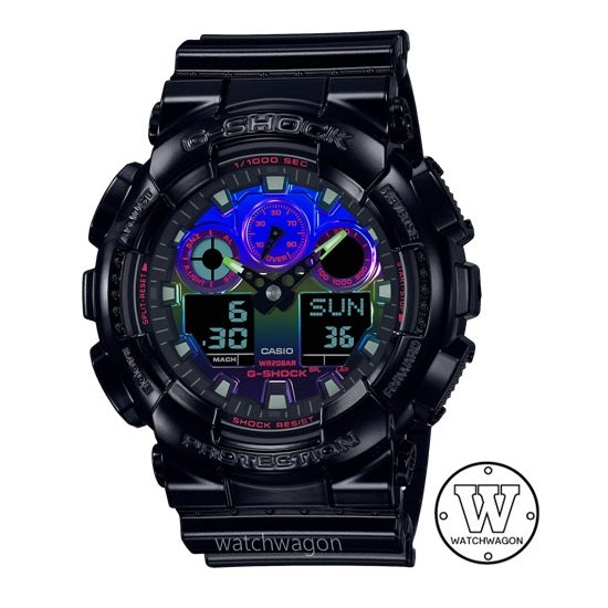 Casio G-Shock GA-100RGB-1A Virtual Rainbow Analog Digital Gents Watch Black Glossy Resin Band ga-100