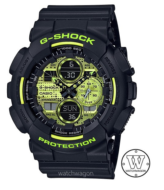 Casio G-Shock GA-140DC-1A Black Yellow Green Dial Sports Watch GA-140 GA140 GA140DC