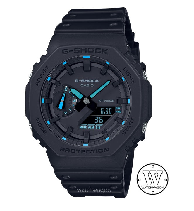 Casio G-Shock GA-2100-1A2 Carbon Core Guard Carbon Case Resin Band Analog Digital Unisex Watch Blue Neon Markers ga-2100