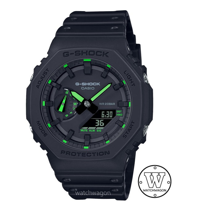Casio G-Shock GA-2100-1A3 Carbon Core Guard Carbon Case Black Resin Band Green Markers Analog Digital Watch ga2100