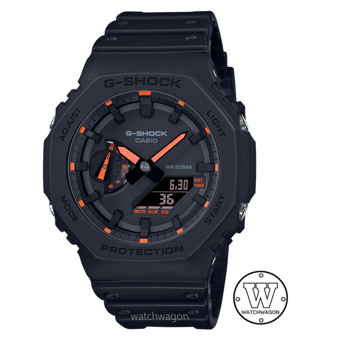 Casio G-Shock GA-2100-1A4 Carbon Core Guard Carbon Case Black Resin Band Orange Markers Analog Digital Unisex Watch