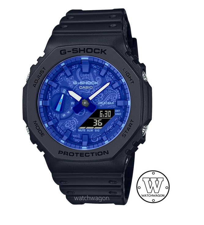 Casio G-Shock GA-2100BP-1A Blue Bandana Prints Carbon Core Guard Carbon Case Black Resin Band Analog Digital