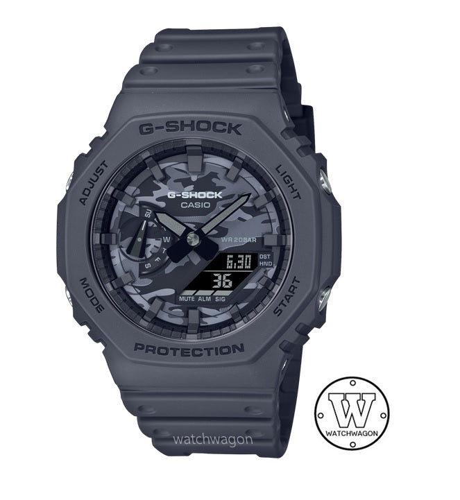 Casio G-Shock GA-2100CA-8A Grey Camouflage Dial Carbon Core Guard Carbon Case Grey Resin Band Analog Digital Unisex