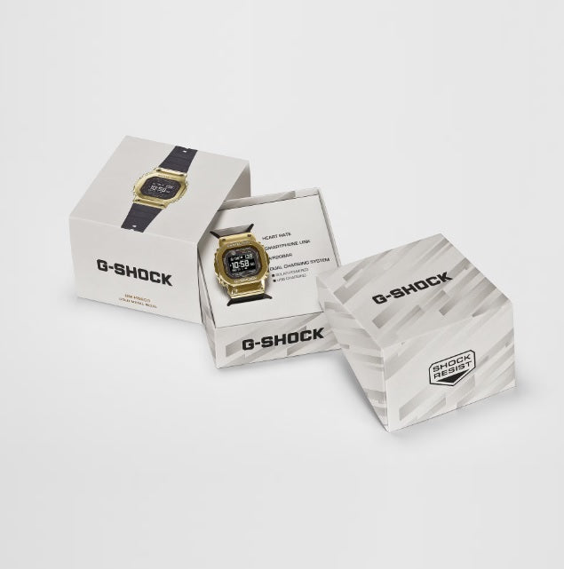Casio G-Shock GM-H5600G-9 Gold Tone Metal Bezel Heart Rate Monitor Step Counter Bluetooth Solar Powered Cable Charging Smartphone Connectivity Resin Band Digital Watch gm-h5600