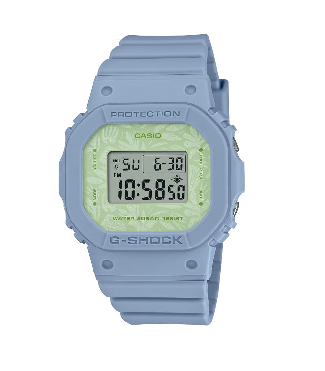 Casio G-Shock GMD-S5600NC-2 Blue Resin Band Green Flora Face Plate Compact Size Unisex Digital Watch Bio-Based Resin Band and Bezel