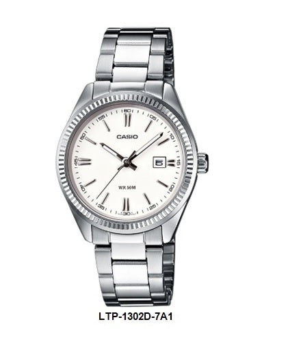 Casio LTP-1302D-7A1 White Dial Ladies Analog Quartz Watch Steel Bracelet Date