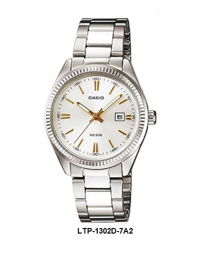 Casio LTP-1302D-7A2 Silver Dial Gold Markers Ladies Analog Quartz Watch Steel Bracelet Date
