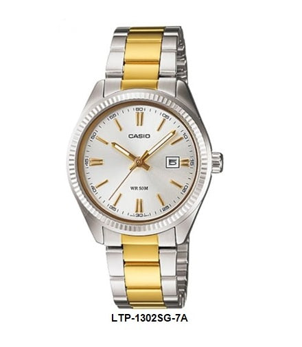 Casio LTP-1302SG-7A Silver Dial Gold Markers Two Tone Steel Bracelet Ladies Analog Quartz Watch Date