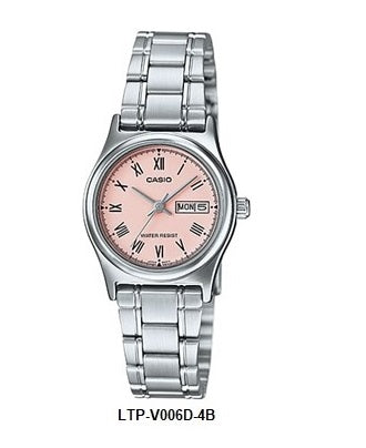 Casio LTP-V006D-4B Pink Dial Ladies Quartz Watch Steel Bracelet Day Date Display