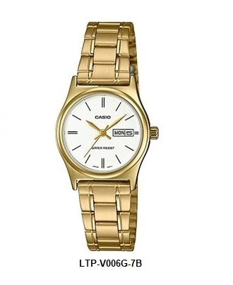 Casio LTP-V006G-7B White Dial Full Gold Ion-Plated Ladies Quartz Watch Steel Bracelet Day Date Display