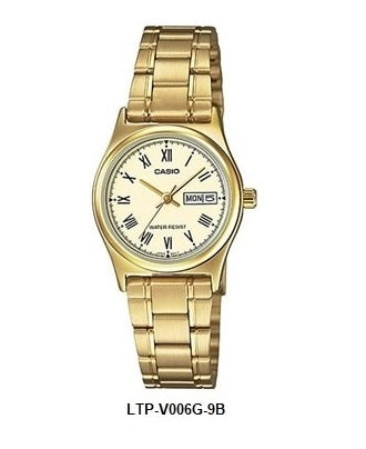 Casio LTP-V006G-9B Faint Gold Dial Full Gold Ion-Plated Ladies Quartz Watch Steel Bracelet Day Date Display