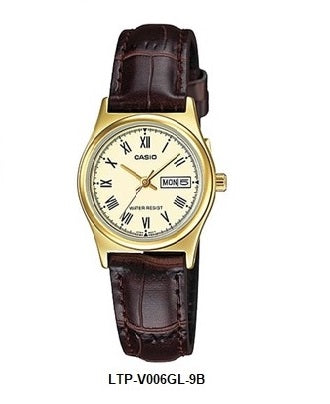 Casio LTP-V006GL-9B Faint Gold Dial Brown Leather Strap Gold Tone Case Ladies Quartz Watch Day Date Display
