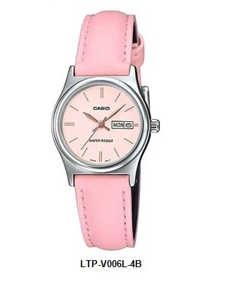 Casio LTP-V006L-4B Pink Dial Pink Leather Strap Ladies Quartz Watch Day Date Display