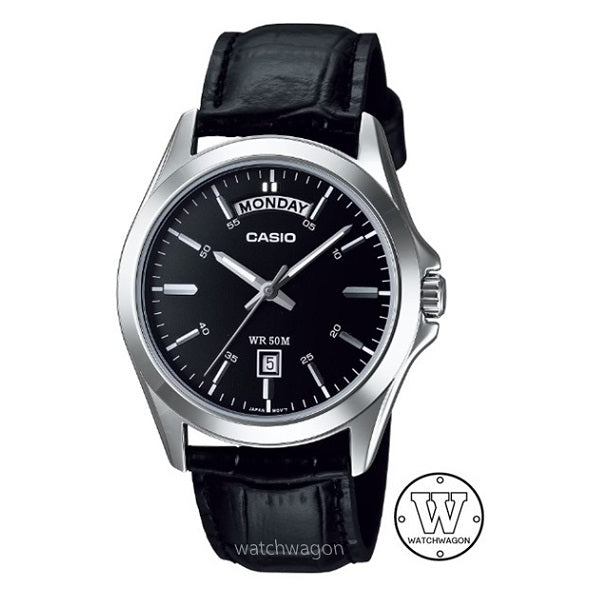 Casio MTP-1370L-1A Black Dial Day Date Leather Band Gents Quartz Watch Case Width 39.2mm mtp-1370L-1AV mtp