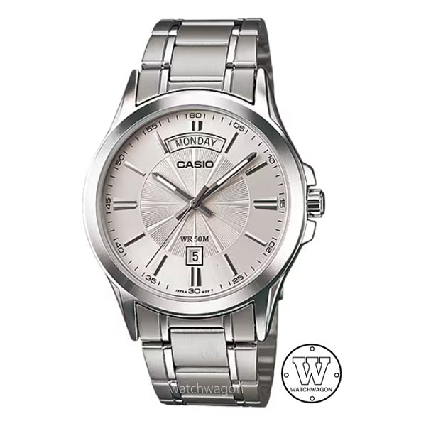 Casio MTP-1381D-7A Silverish White Dial Analog Display Day Date Steel Bracelet Case Width 39.9 mm mtp-1381