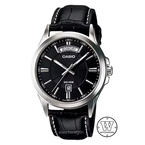 Casio MTP-1381L-1A Black Dial Analog Display Day Date Leather Band Case Width 39.9 mm mtp-1381