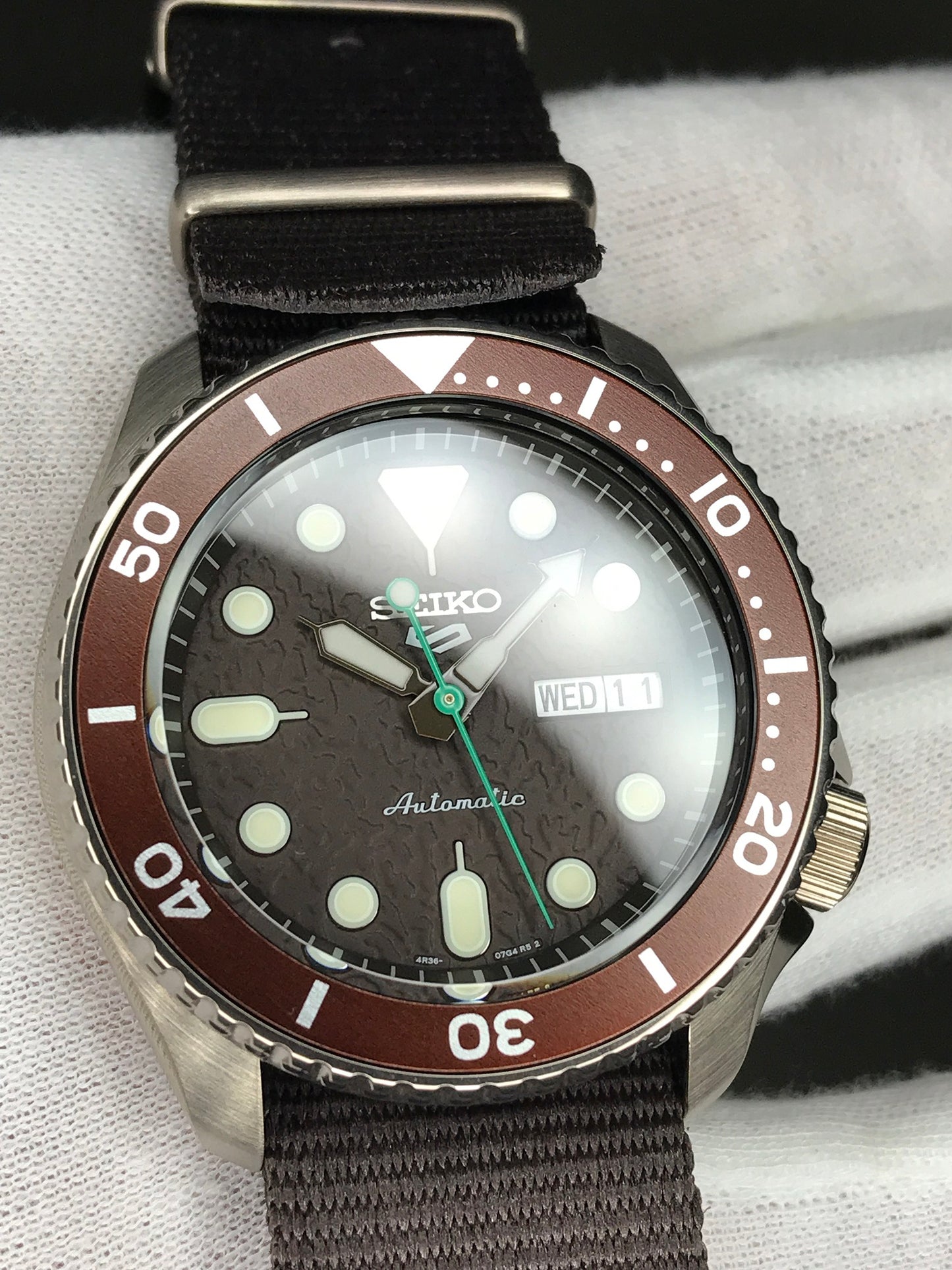 Seiko 5 Sports SRPD85K1 Automatic 100m Water Resistant Brown Dial Hard Coated Case Brown Nato Strap SRPD85 srpd85