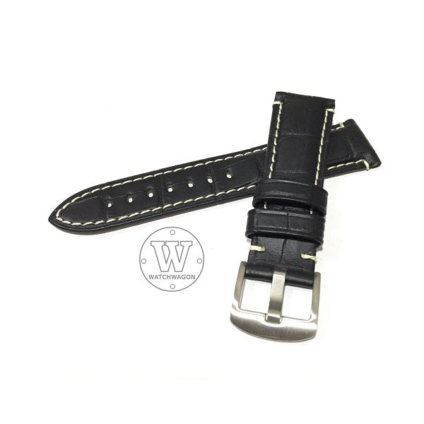 PAROS (Type A - Black) Genuine Calf Leather Black with White Stitch Watch Strap