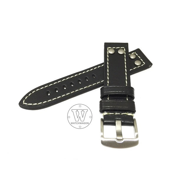 PAROS (Type F - Black) Genuine Calf Leather Black with White Stitch Watch Strap
