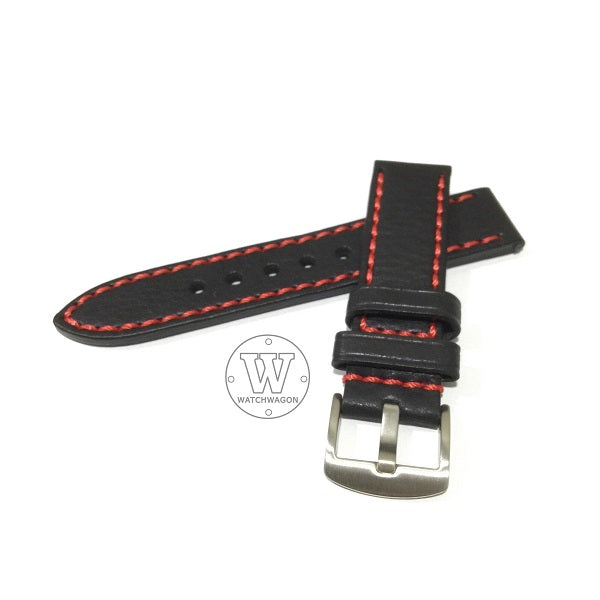 PAROS (Type J - Red Stitch) Genuine Calf Leather Black with Red Stitch Watch Strap