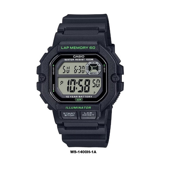 Casio WS-1400H-1A Black Case 10-years Batt Life 60-lap memory LED light