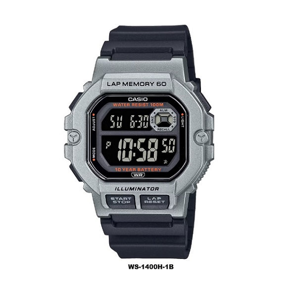 Casio WS-1400H-1B Silver Case Black Band 10-years Batt Life 60-lap memory LED light