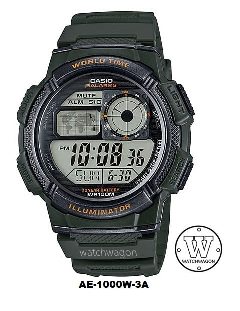 Casio AE-1000W-3A Youth Series 10 Years Battery Life Green Resin Band Digital Quartz Men Watch AE-1000W-3AVDF AE1000W-3A