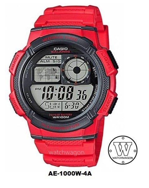 Casio AE-1000W-4A Youth Series 10 Years Battery Life Red Resin Band Digital Quartz Men Watch AE-1000W-4AVDF AE1000W-4A