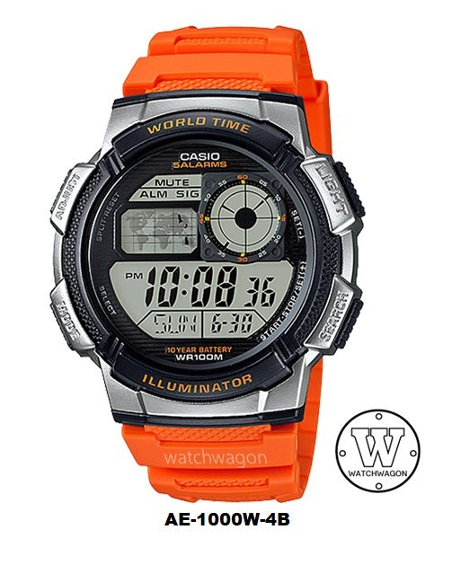 Casio AE-1000W-4B Youth Series 10 Years Battery Life Orange Resin Band Digital Quartz Men Watch AE-1000W-4BVDF AE1000W-4B