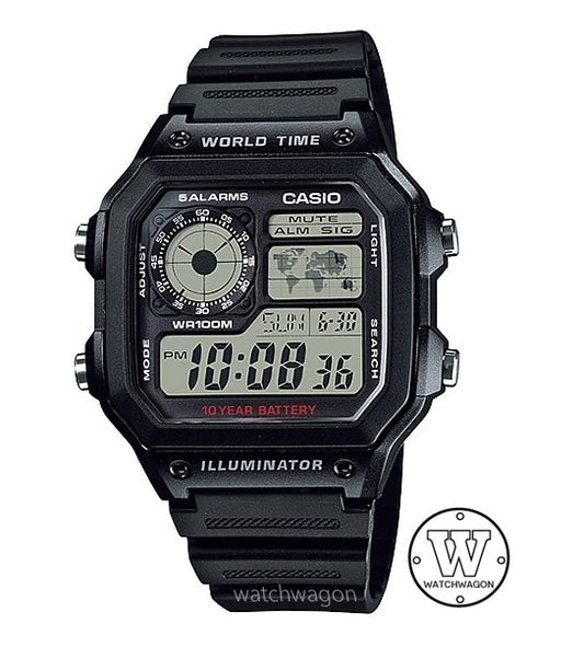 Casio AE-1200WH-1A World Time World Map 10 Years Battery Life Digital Mens Watch  ae1200 ae-1200