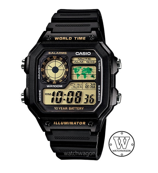 Casio AE-1200WH-1B World Time World Map 10 Years Battery Life Digital Mens Watch  ae1200 ae-1200