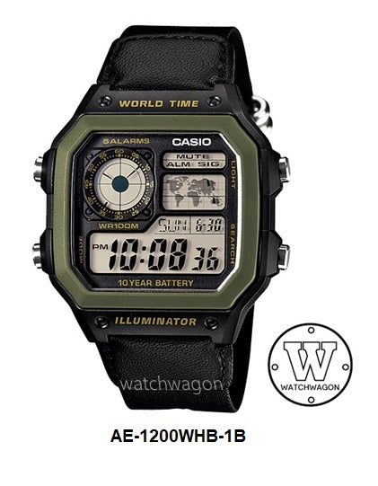 Casio AE-1200WHB-1B “ Royale “ Green Bezel Black Casing Black Nylon Band 10 Years Battery Life Digital Watch World Map