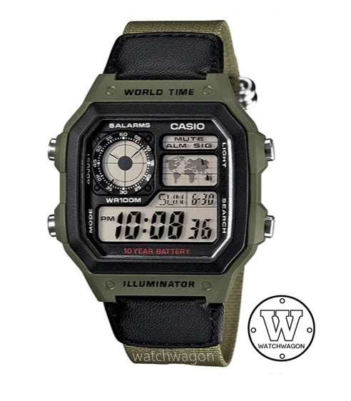 Casio AE-1200WHB-3B Black Bezel Green Casing Green Cloth Band 10 Years Battery Life Digital Watch World Map